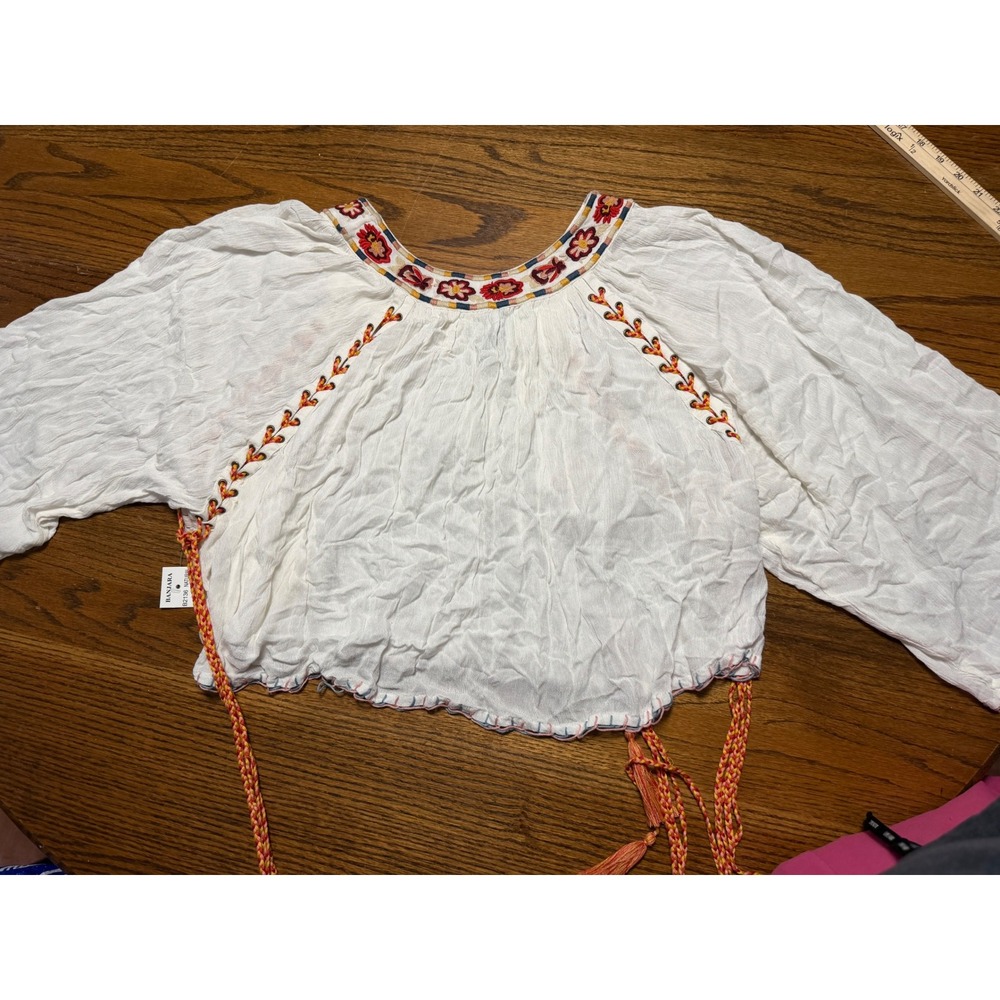 Banjara Women Natural White Embroidered Boho Peasant Blouse Tassel Crop Top XS - Picture 6 of 7